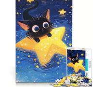 Rompecabezas de 1000 Piezas para Adultos: Gato Negro sobre una Estrella, Juguetes antiestrés, decoración del hogar, Regalos de cumpleaños 50x75cm