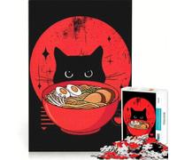 Rompecabezas de 1000 Piezas para Adultos: Gato Negro, tazón de Ramen, Luna roja Juego práctico para ejercitar la Mente y Las Manos Cada Pieza es única 38x26cm