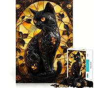 Rompecabezas de 1000 Piezas para Adultos Gato Negro,vidriera,Corte preciso,Divertido,Juego de lógica,Tiempo de Ocio,Escena navideña 38x26cm