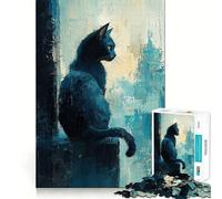 Rompecabezas de 1000 Piezas para Adultos Gato Negro,Vista Desde la Ventana,Ajuste, Juego para ejercitar la Mente,Regalo Ideal para Relajarse o para divertirse en cumpleaños 38x26cm