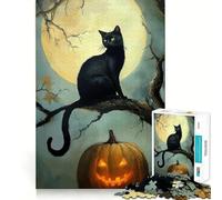 Rompecabezas de 1000 Piezas para Adultos Gato Negro y Calabaza,Noche de Halloween,decoración Ideal,Juego de concentración Mental,Juego Relajante,Escena navideña (50x75cm)