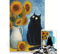 Rompecabezas de 1000 Piezas para Adultos: Gato Negro y Girasoles al Estilo Van Gogh Juguete antiestrés, decoración, póster y Hoja de Preguntas a Juego 50x75cm