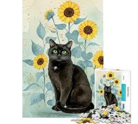 Rompecabezas de 1000 Piezas para Adultos Gato Negro y Girasoles Juegos Divertidos para Adultos Que estimulan el análisis y la lógica Difícil y desafiante (Tamaño 38x52cm)