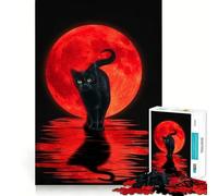 Rompecabezas de 1000 Piezas para Adultos Gato Negro y Luna roja,Bordes Lisos,Juguete de construcción,Juego Relajante,Escena navideña (50x75cm)