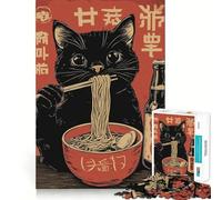 Rompecabezas de 1000 Piezas para Adultos Gato Ramen Negro,Japón,Corte preciso,diversión,Juego de lógica,Tiempo de Ocio,Arte de Escena navideña 38x26cm