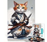 Rompecabezas de 1000 Piezas para Adultos Gato Samurai,Guerrero Japonés,Articulaciones precisas,Divertido Juego de Habilidad Mental,Tiempo de Paz, (38x26cm)
