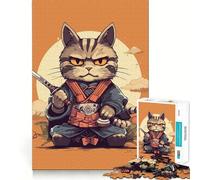 Rompecabezas de 1000 Piezas para Adultos Gato Samurai Japonés,Articulaciones precisas,Divertido Juego de Habilidad Mental,Tiempo de Paz, (38x26cm)