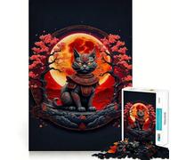 Rompecabezas de 1000 Piezas para Adultos Gato Samurai Luna Roja,Corte Preciso,Divertido Acertijo,Regalo para el Ocio,Tiempo de Diversión, (38x52cm)