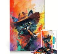 Rompecabezas de 1000 Piezas para Adultos Gato Vaquero fumando un cigarro Arte Colorido Decoración práctica Juguete para ejercitar la Mente Diversión Casual Regalo navideño (38x26cm)