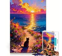 Rompecabezas de 1000 Piezas para Adultos Gato Viendo la Puesta de Sol Junto al mar Diseño de Corte preciso Divertido Rompecabezas Regalo Ideal para el Tiempo Libre y para la decoración navideña