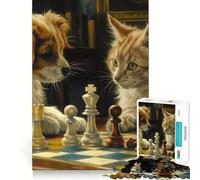 Rompecabezas de 1000 Piezas para Adultos Gato y Perro Jugando al ajedrez Decoración práctica y Divertida Juguete para ejercitar la Mente Regalo navideño Ideal para Pasar un rato entretenido (38x52cm)