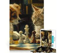 Rompecabezas de 1000 Piezas para Adultos Gato y Perro Jugando al ajedrez Juego de Mesa de Corte preciso Regalo Ideal para Pasar el rato Escena navideña Arte (50x75cm)