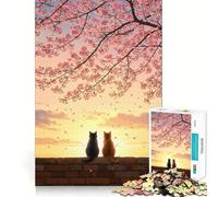Rompecabezas de 1000 Piezas para Adultos Gatos bajo la Puesta de Sol de los cerezos en Flor,decoración,Juguete para ejercitar el Cerebro,Juego Acogedor,diversión de cumpleaños (50x75cm)
