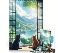 Rompecabezas de 1000 Piezas para Adultos Gatos contemplando un Paisaje japonés Juego de Habilidad Mental,preciso y Divertido Tiempo de Juego Tranquilo (38x52cm)