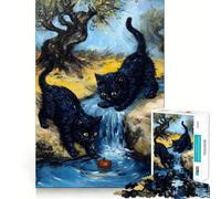 Rompecabezas de 1000 Piezas para Adultos Gatos Negros y Manzana Junto a una Cascada Juego de Ajuste Perfecto,Regalo para ejercitar la Mente,Momento de Juego Relajante,diversión de cumpleaños 50x75cm