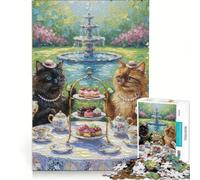 Rompecabezas de 1000 Piezas para Adultos: Gatos Tomando el té en el jardín Juguete antiestrés Un Reto difícil Toda la Familia 38x26cm