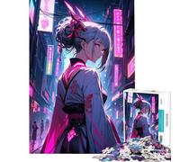 Rompecabezas de 1000 Piezas para Adultos Geisha Japonesa con Paisaje Urbano de neón Ayuda a ejercitar el Cerebro Actividades Familiares Juegos educativos Apto para Mayores de 14 años (50x75cm)