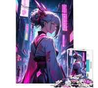 Rompecabezas de 1000 Piezas para Adultos Geisha Japonesa con Paisaje Urbano de neón Ayuda a ejercitar el Cerebro Actividades Familiares Juegos educativos Apto para Mayores de 14 años (38x26cm)