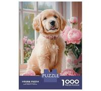 Rompecabezas De 1000 Piezas para Adultos Golden Retriever Puppy with Peonies Rompecabezas para Adultos: Análisis Práctico del Juego Y Lógica, Toda La Familia 38x26cm/1000pcs