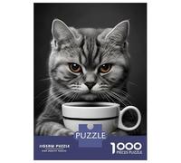 Rompecabezas De 1000 Piezas para Adultos Grey Cat with A Coffee Cup Rompecabezas para Adultos Juego Práctico Decoración del Hogar Difícil Y Desafiante 70x50cm/1000pcs