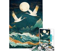 Rompecabezas de 1000 Piezas para Adultos Grullas de Medianoche y Luna sobre Olas Actividades Divertidas para Hacer en casa Juego antiestrés y de ingenio para Mayores de 14 años (38x26cm)