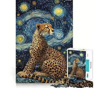 Rompecabezas de 1000 Piezas para Adultos Guepardo en la Noche Estrellada - Arte de Corte Exacto,Juego Creativo,Juguete,Juego para Relajarse, Tranquilo (38x26cm)