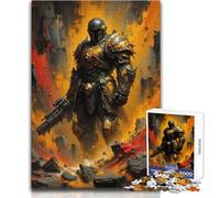 Rompecabezas de 1000 Piezas para Adultos: Guerrero blindado con Arma en un Paisaje ardiente Decoración para el hogar Juego práctico para Mayores de 14 años (tamaño 38x52cm)