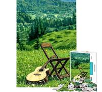 Rompecabezas de 1000 Piezas para Adultos Guitarra y Silla en una Pradera de montaña Juego Educativo práctico y desafiante para Mayores de 14 años (38x26cm)