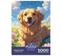 Rompecabezas De 1000 Piezas Para Adultos Happy Golden Retriever Dog in Sunny Flower Meadow - Cute Anime Style Cartoon Dog Portrait Art Rompecabezas Para Adultos Juego Práctico Vacaciones En Casa Matar