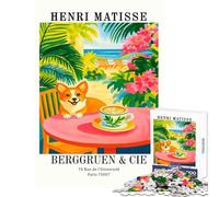 Rompecabezas de 1000 Piezas para Adultos Henri Matisse Corgi Beach Cafe Art Decoración del hogar Juguetes Gran Regalo Juego práctico con póster a Juego y Hoja de Trivia Tamaño 38x52cm