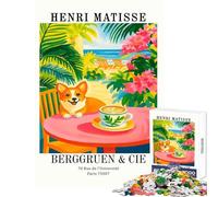 Rompecabezas de 1000 Piezas para Adultos Henri Matisse Corgi Beach Cafe Art Decoración del hogar Juguetes Gran Regalo Juego práctico con póster a Juego y Hoja de Trivia Tamaño 50x75cm