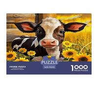 Rompecabezas de 1000 Piezas para Adultos Highland Cattle de cartón 100% Reciclado, Sunflower Field, Ternero Blanco y Negro, The Impossible Challenge, 70 x 50 cm (1000 Piezas)