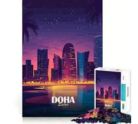 Rompecabezas de 1000 piezas para adultos Horizonte de Doha,Qatar,de noche Diseño de corte preciso Un desafío inteligente Un juego divertido para pasar el rato Decoración navideña para la pared 38x26cm