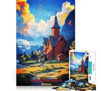 Rompecabezas de 1000 Piezas para Adultos Iglesia de Madera de Borgund,Noruega Arte,Manualidades,Bordes Finos,Juego Divertido para Pensar,Juego Relajante,Regalo de cumpleaños o Hobby (38x52cm)