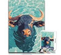 Rompecabezas de 1000 Piezas para Adultos, ilustración de búfalo de Agua en el Agua, Disfrute de Horas de Tranquilidad y Tranquilidad, Corte Limpio, Juguete de Manualidades Duradero, tamaño 38x52cm