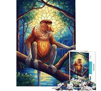 Rompecabezas de 1000 Piezas para Adultos Ilustración de Mono narigudo en vidriera Rompecabezas para Adolescentes Juego de ingenio Una Obra de Arte Juego desafiante Regalos (Tamaño 38x26cm)