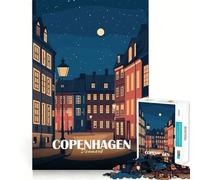 Rompecabezas de 1000 Piezas para Adultos Ilustración de Paisaje Urbano Nocturno de Copenhague,Dinamarca Arte de Corte nítido Desafío Inteligente Juego para Pasar el Tiempo Decoración para Pared
