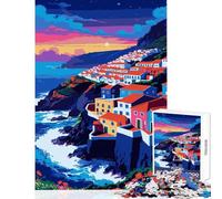 Rompecabezas de 1000 Piezas para Adultos ilustración de Pueblo costero al Atardecer Juguete para decoración de Pared Gran Regalo para Juegos Familiares Mejora el Amor Entre Parejas tamaño 38x26cm