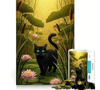 Rompecabezas de 1000 Piezas para Adultos Ilustración de un Gato Negro en un Estanque de nenúfares Juego de Ajuste preciso,Regalo para ejercitar la Mente,Momento de Juego Relajante,diversión