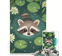 Rompecabezas de 1000 Piezas para Adultos Ilustración de un Mapache en un Estanque de nenúfares Juego Imposible Que fomenta el análisis y la lógica y fortalece el Amor Entre Parejas 50x75cm