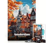 Rompecabezas de 1000 Piezas para Adultos Ilustración de un Paisaje Urbano otoñal de Ámsterdam,Países Bajos Diseño de Corte preciso Divertido Juego Mental Regalo Ideal y divertirse