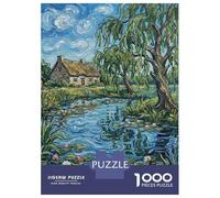 Rompecabezas De 1000 Piezas para Adultos Impressionistic Cottage by Pond with Lilies Rompecabezas para Adultos Juegos Divertidos Corte De Precisión Actividades Divertidas En Casa, 70x50cm/1000pcs