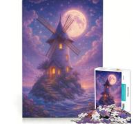 Rompecabezas de 1000 Piezas para Adultos: Isla del Molino de Viento Fantástica bajo la Luz de la Luna Juegos relajantes para ejercitar la Mente y Las Manos cumpleaños y Navidad