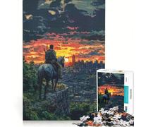Rompecabezas de 1000 Piezas para Adultos Jinete postapocalíptico contemplando la Puesta de Sol en la Ciudad Juego Imposible Que fomenta el análisis y la lógica y fortalece el Amor en Pareja 38x26cm