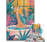 Rompecabezas de 1000 Piezas para Adultos: Jirafa en la bañera rodeada de Plantas. Juego Educativo Familiar. Ideas de Regalo educativas. 50x75cm (1000 Piezas).