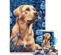 Rompecabezas de 1000 Piezas para Adultos Labrador Retriever Entre Flores Azules Juego Relajante, Divertido y con Humor 50x75cm
