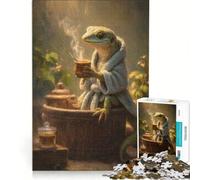 Rompecabezas de 1000 Piezas para Adultos Lagarto con Bata Tomando té en un SPA Juego Educativo difícil y desafiante Colección de Artistas Bellas Artes 38x52cm