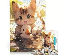 Rompecabezas de 1000 Piezas para Adultos: Lindo Gatito con un Patito de Juguete en el Agua, Juego Imposible, desafiante de completar, 38x52cm
