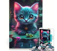 Rompecabezas de 1000 Piezas para Adultos: Lindo Gatito y Rana en un nenúfar Juego Imposible Que fomenta el análisis y la lógica, y fortalece el Amor Entre Parejas 50x75cm