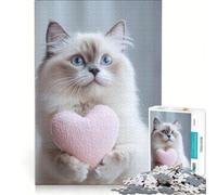 Rompecabezas de 1000 Piezas para Adultos: Lindo Gato Blanco sosteniendo un corazón Juego Imposible Fomenta el análisis y la lógica Potencia el Amor Entre Parejas 38x26cm